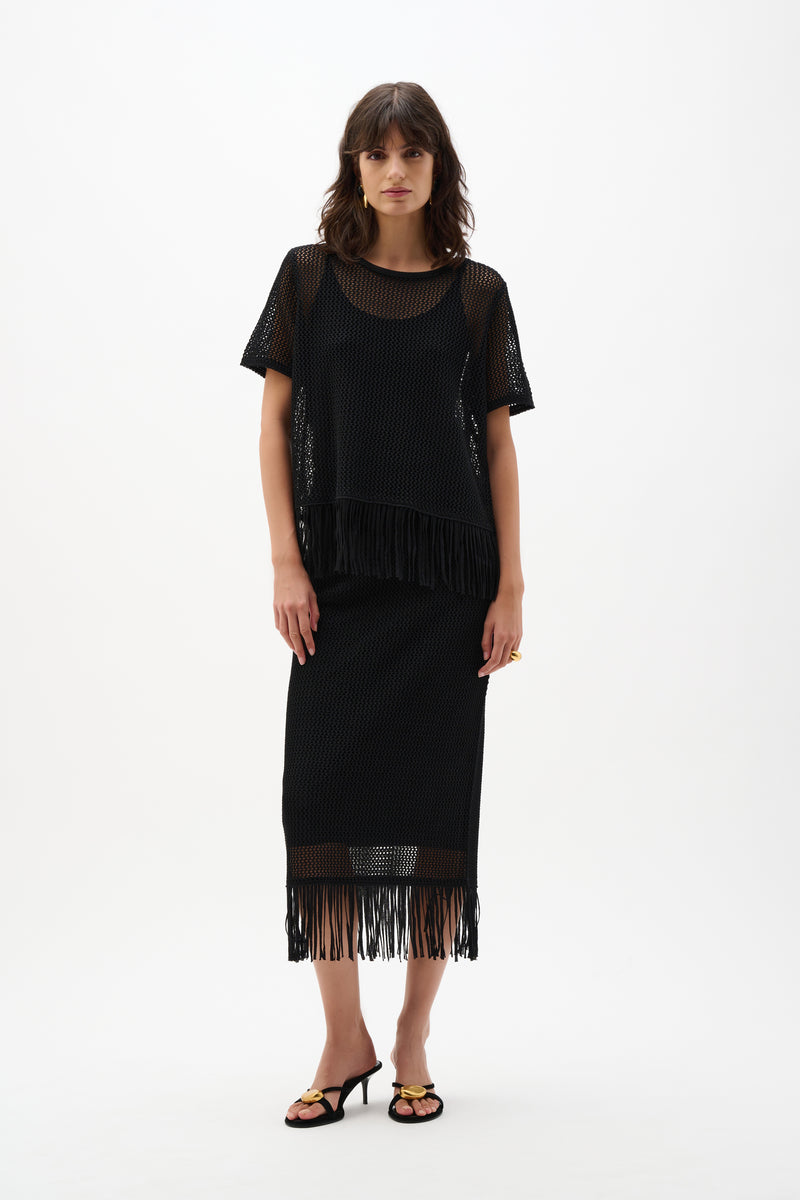 Joseph Ribkoff Fringe Trim Knit Top in Black 262928