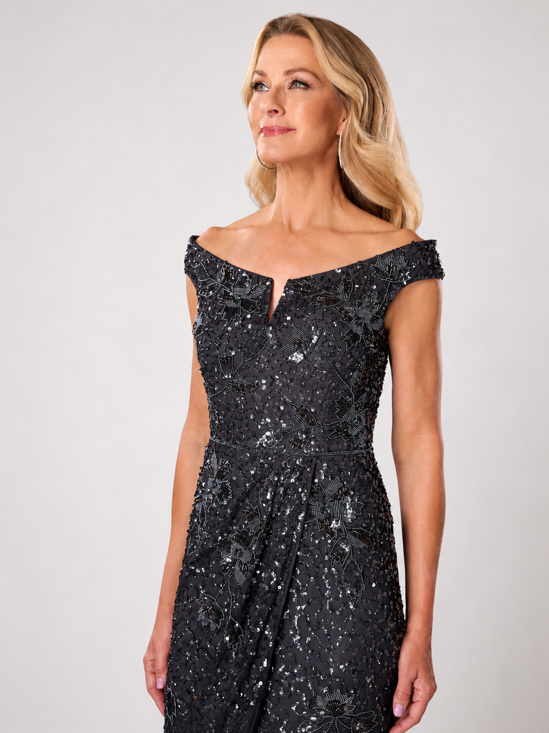 Adrianna Papell Off Shoulder Beaded Gown in Gunmetal Adrianna Papell Off Shoulder Beaded Gown in Gunmetal