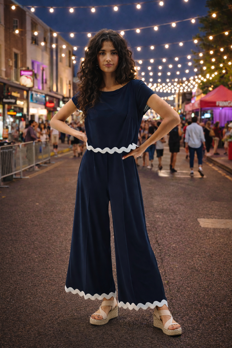 Joseph Ribkoff Rik Rak Trim Jumpsuit in Midnight White 262144