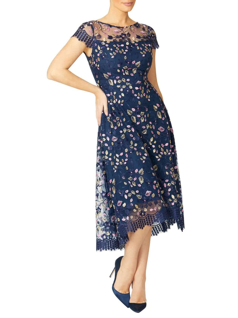 Women's Embroidered Mesh Fit & Flare A-Line Dress in Navy