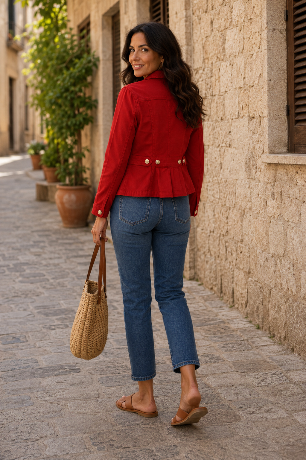Liverpool Peplum Jacket with Tab Detail in Fire Brick