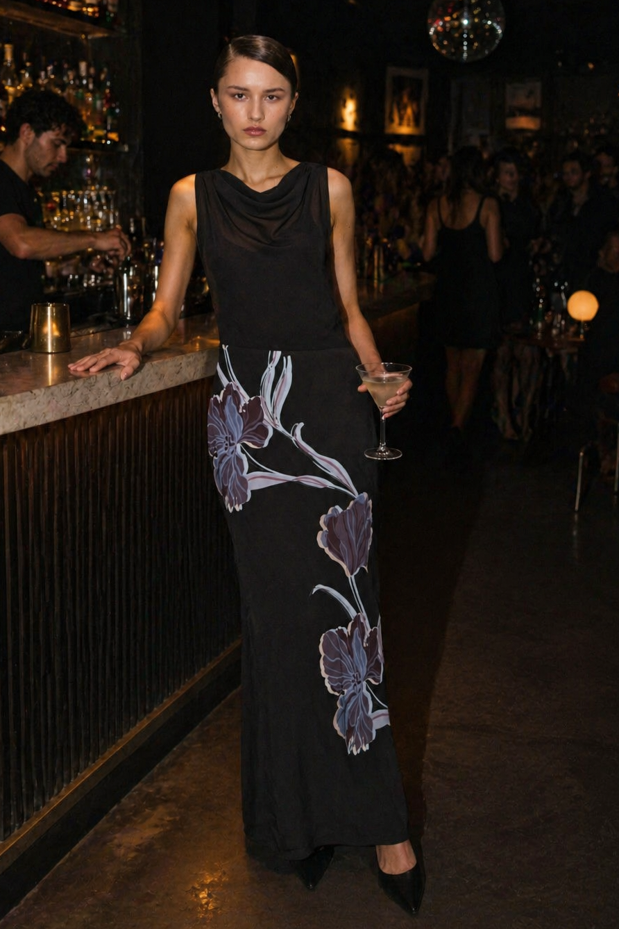Staple The Label STAS Bias Combo Midi Dress in Black Midnight Floral