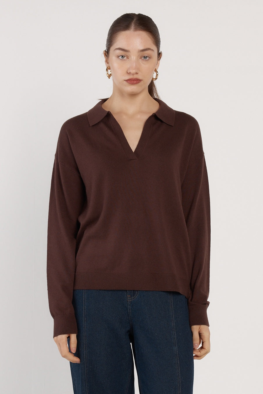 Fate + Becker Solenne Polo Knit in Chocolate