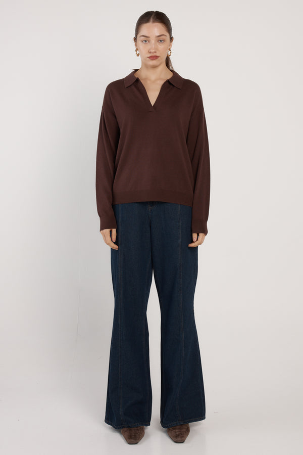 Fate + Becker Solenne Polo Knit in Chocolate