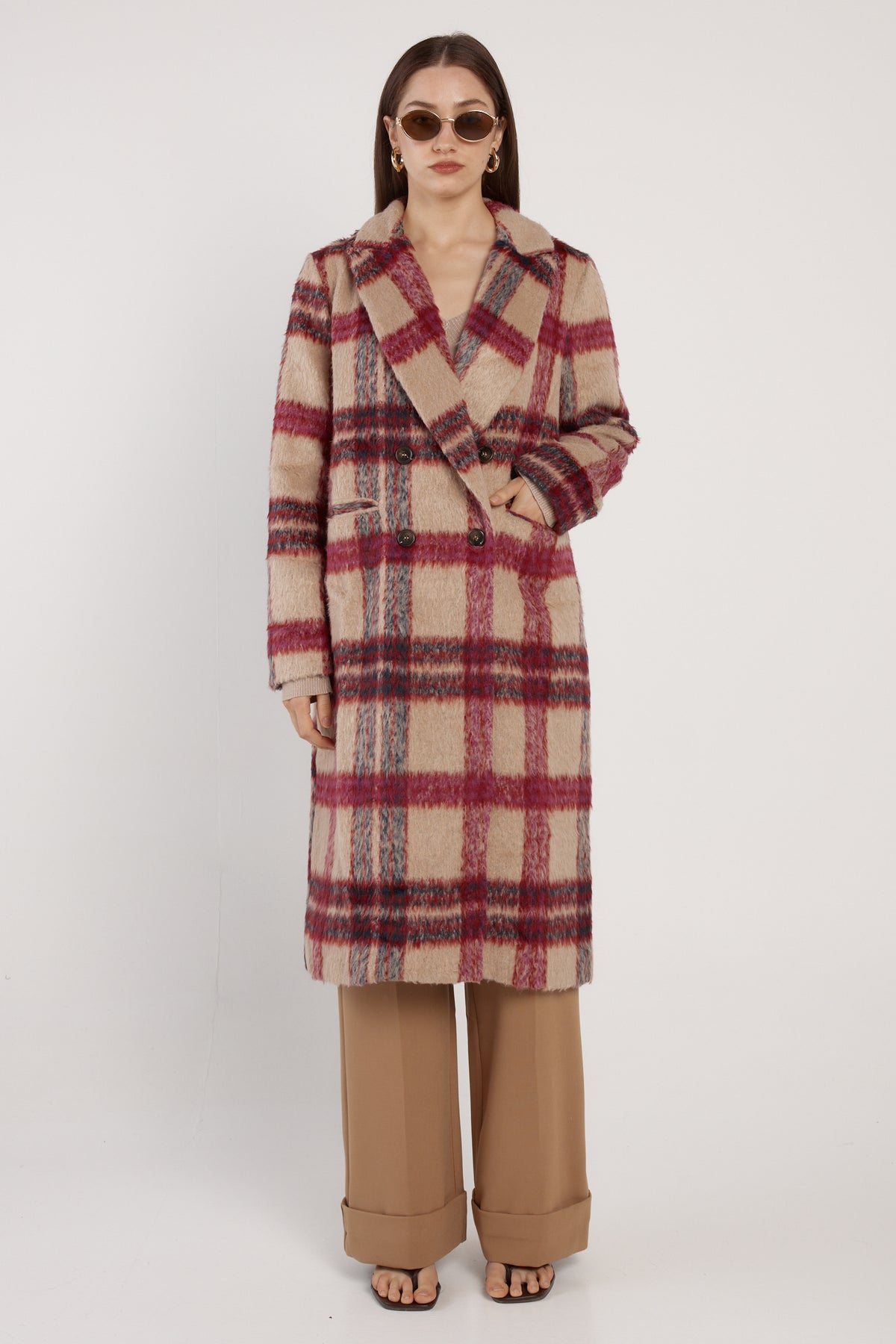 Fate + Becker Harlow Check Longline Coat in Pink