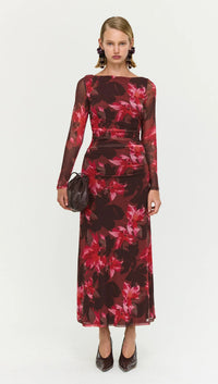 Staple The Label AMYRA Mesh Midi Dress in Bordeaux Garden