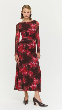 Staple The Label AMYRA Mesh Midi Dress in Bordeaux Garden