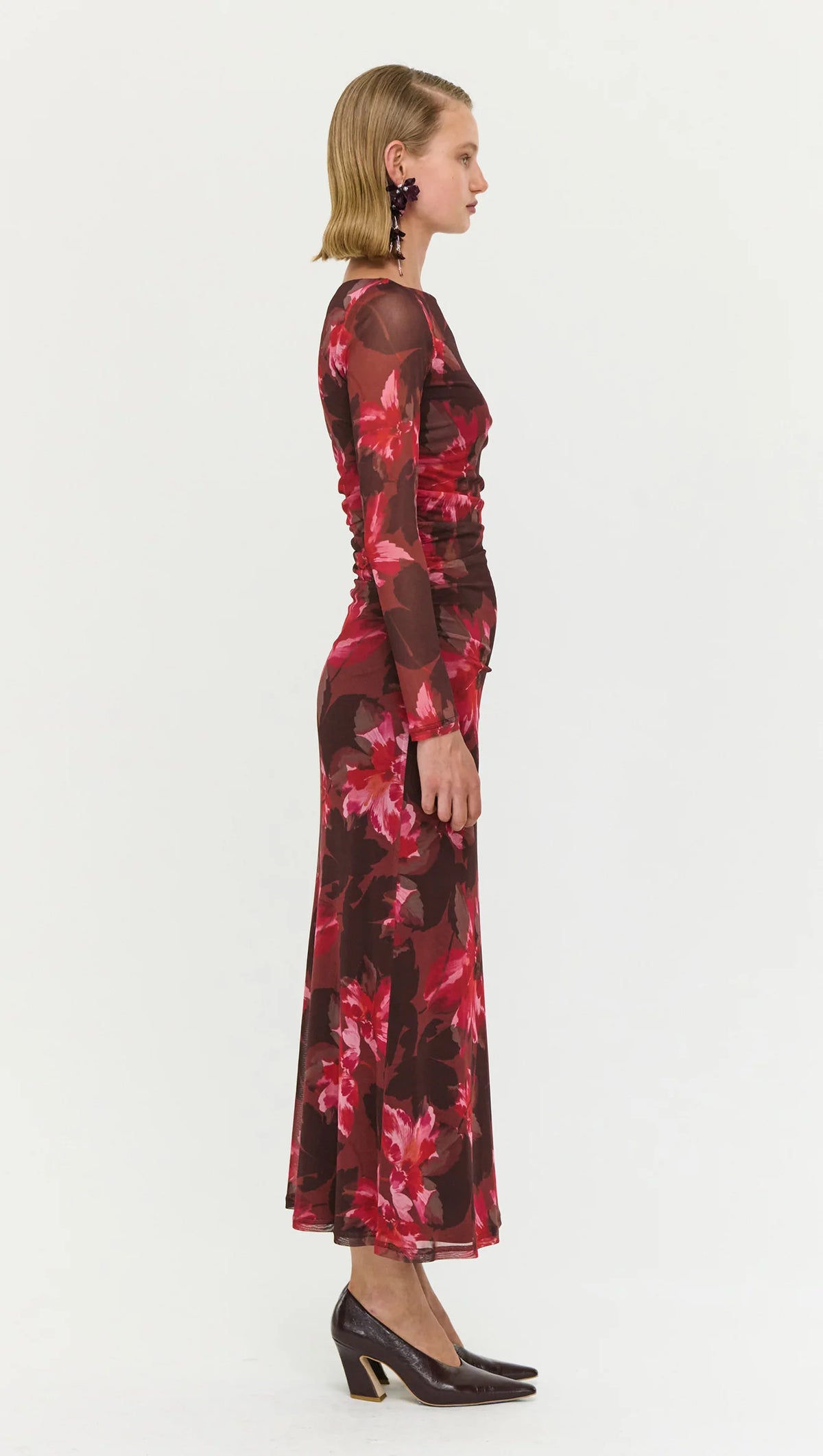 Staple The Label AMYRA Mesh Midi Dress in Bordeaux Garden
