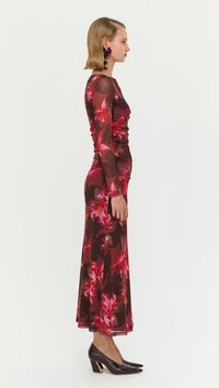 Staple The Label AMYRA Mesh Midi Dress in Bordeaux Garden
