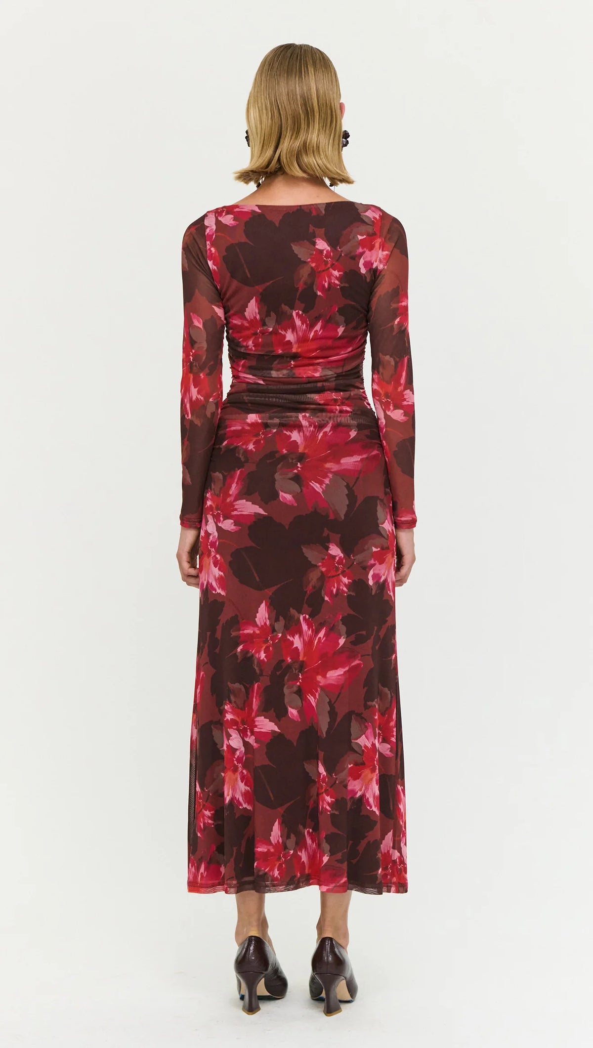 Staple The Label AMYRA Mesh Midi Dress in Bordeaux Garden