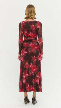 Staple The Label AMYRA Mesh Midi Dress in Bordeaux Garden