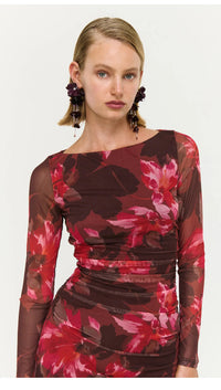 Staple The Label AMYRA Mesh Midi Dress in Bordeaux Garden
