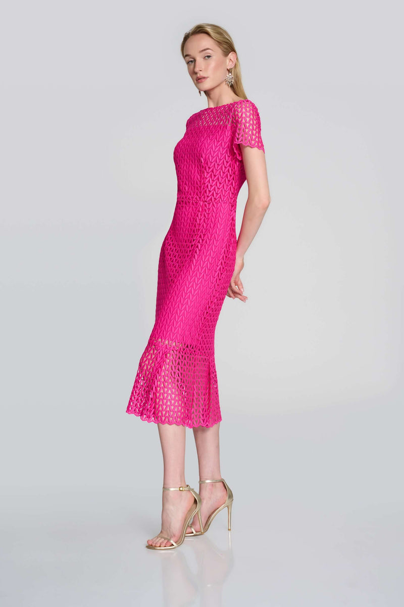 Signature by Joseph Ribkoff Guipure Lace Dress in Shocking Pink 242704