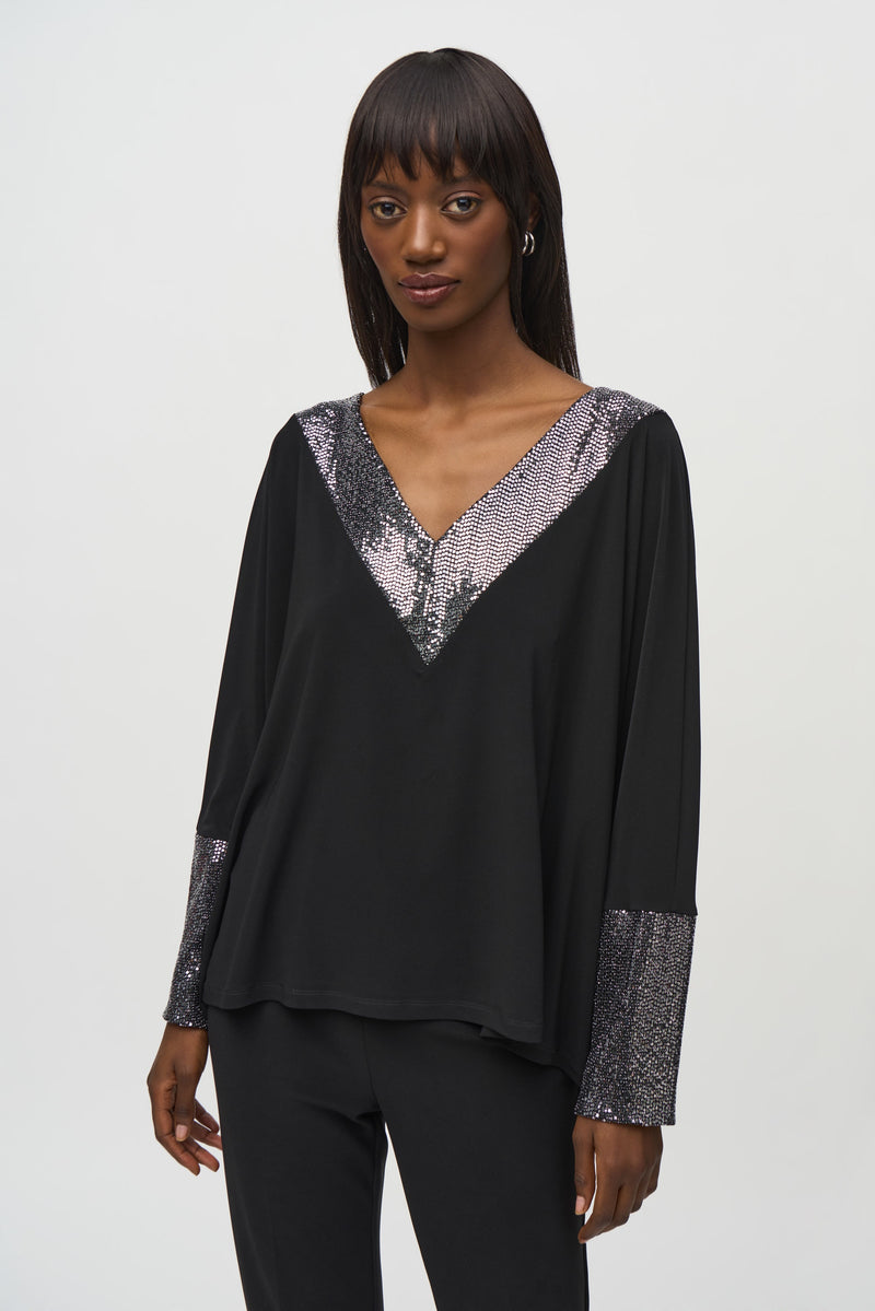 Joseph Ribkoff Sequin Detail Top in Black Silver 244200