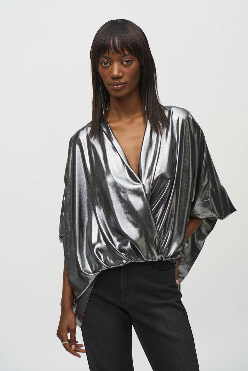 Joseph Ribkoff Metallic Wrap Top in Silver Pewter 244232