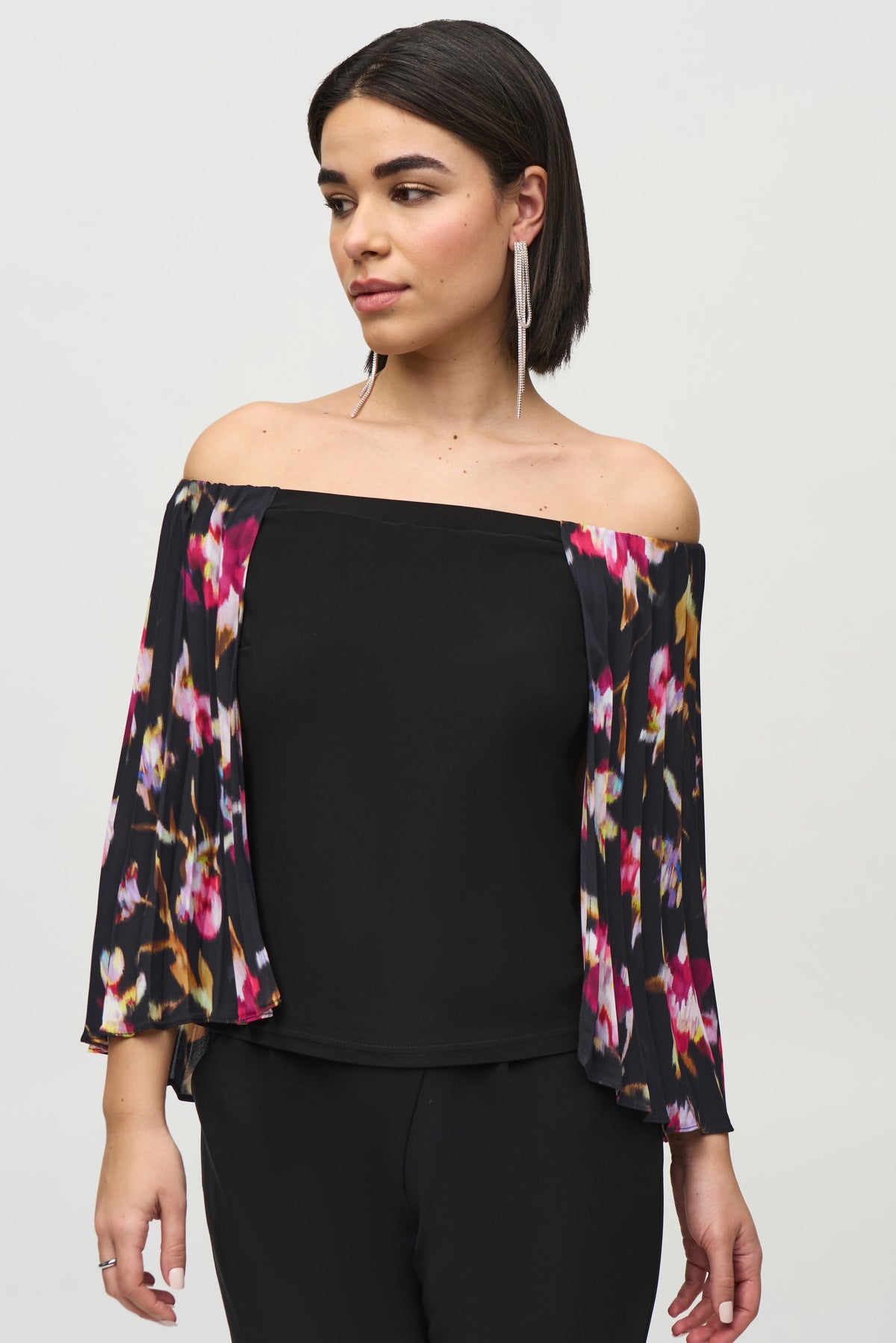 Joseph Ribkoff Pleated Cape Top in Black Floral 244246
