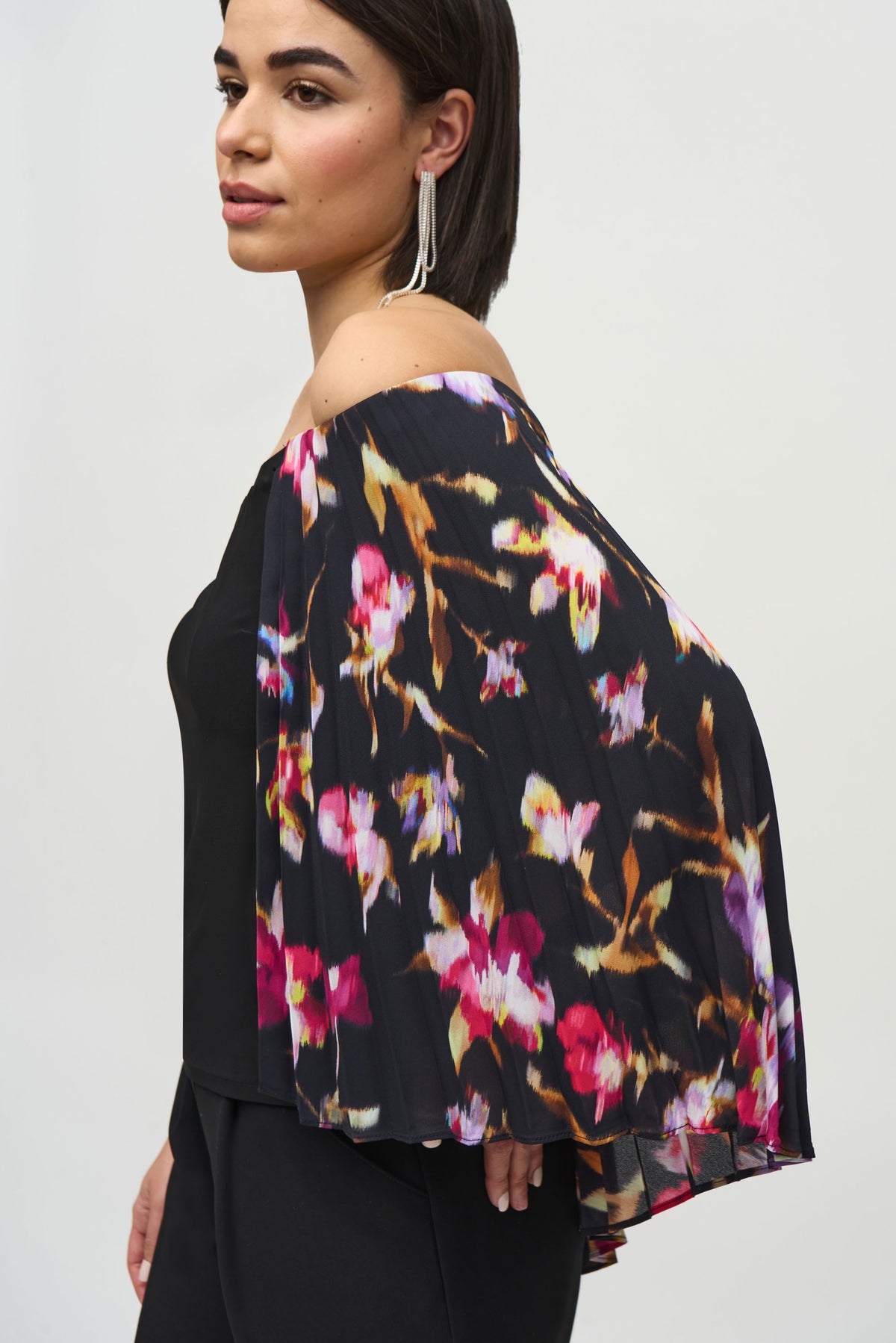 Joseph Ribkoff Pleated Cape Top in Black Floral 244246