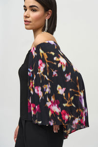 Joseph Ribkoff Pleated Cape Top in Black Floral 244246