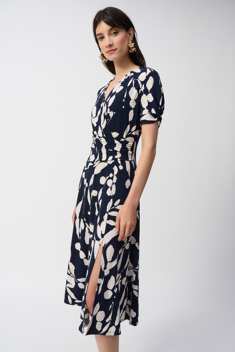 Joseph Ribkoff Faux Wrap Dress in Midnight Beige Abstract 251014