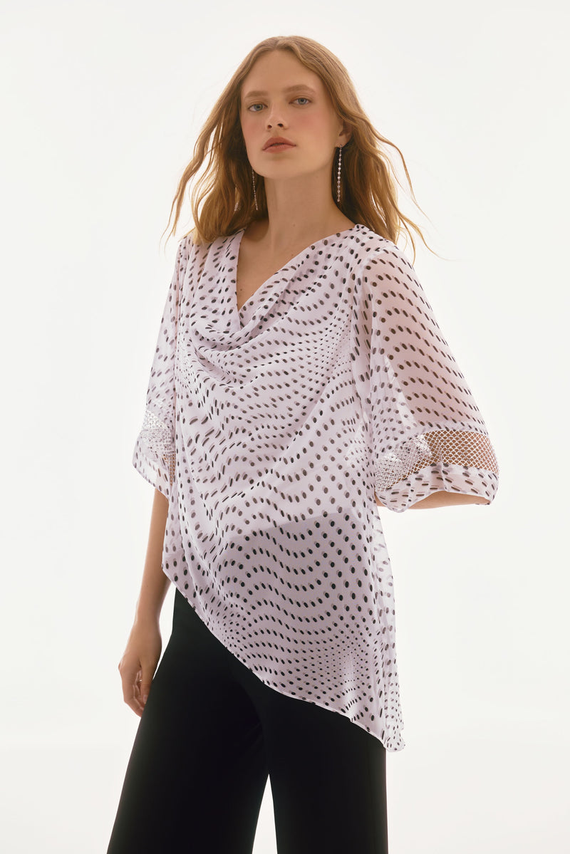 Signature by Joseph Ribkoff Chiffon Top in Vanilla Black Dots 251774