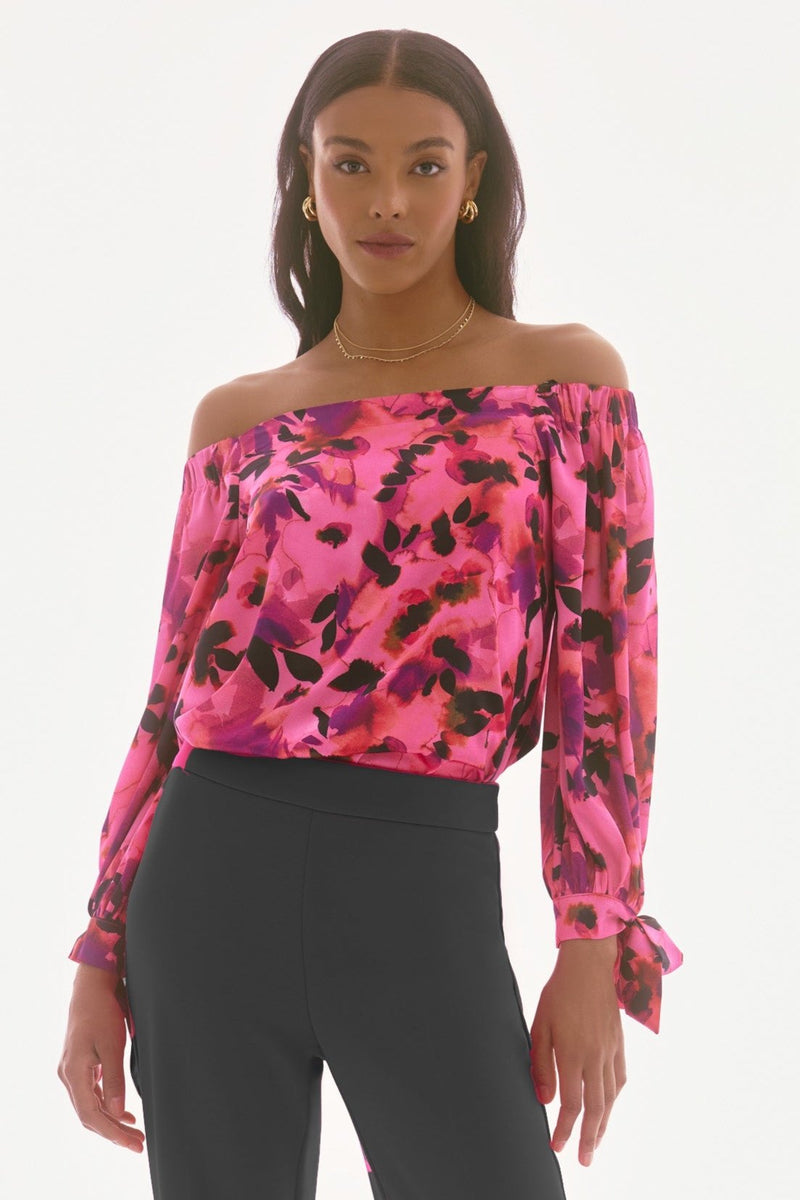 Signature by Joseph Ribkoff Satin Top in Pink Black Geranium 251784