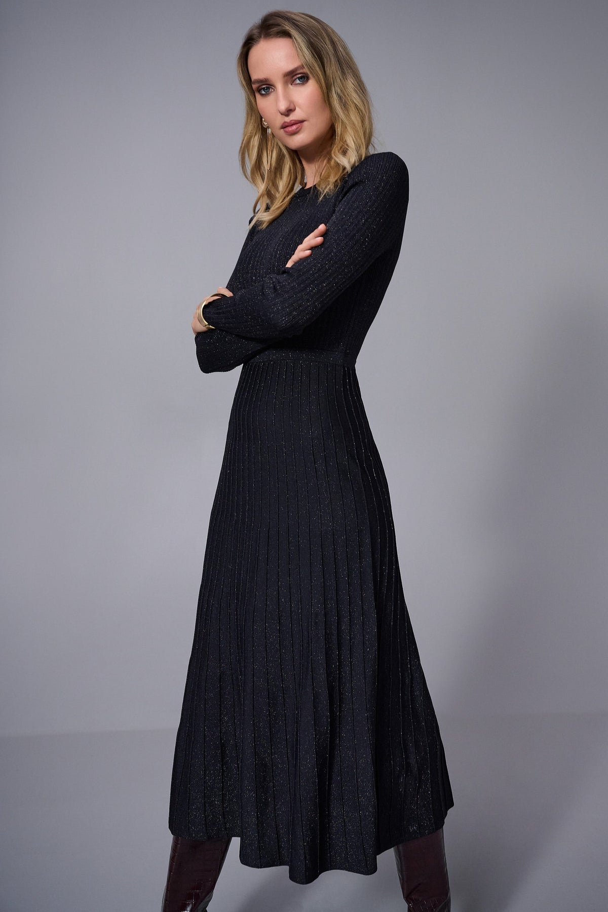 Joseph Ribkoff Fit & Flare Knit Dress in Black Glimmer 253987