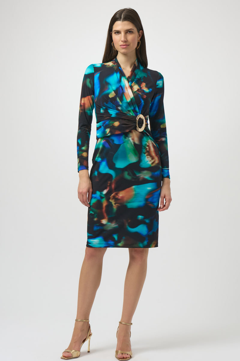 Joseph Ribkoff Abstract Wrap Dress in Black Turquoise 254070
