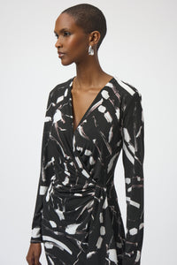 Joseph Ribkoff Faux Wrap Dress in Black Brown Vanilla 254190