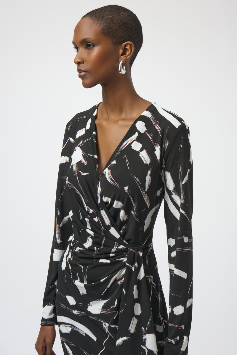Joseph Ribkoff Faux Wrap Dress in Black Brown Vanilla 254190