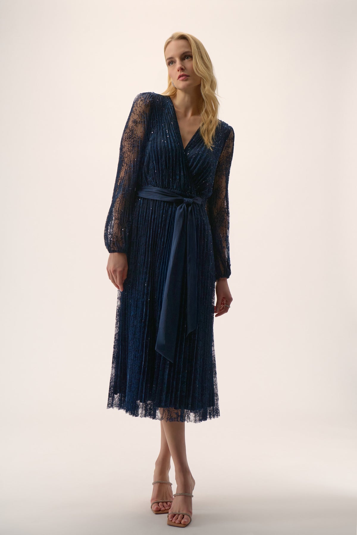 Signature by Joseph Ribkoff Pleated Lace Dress in Midnight 254721