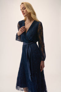 Signature by Joseph Ribkoff Pleated Lace Dress in Midnight 254721