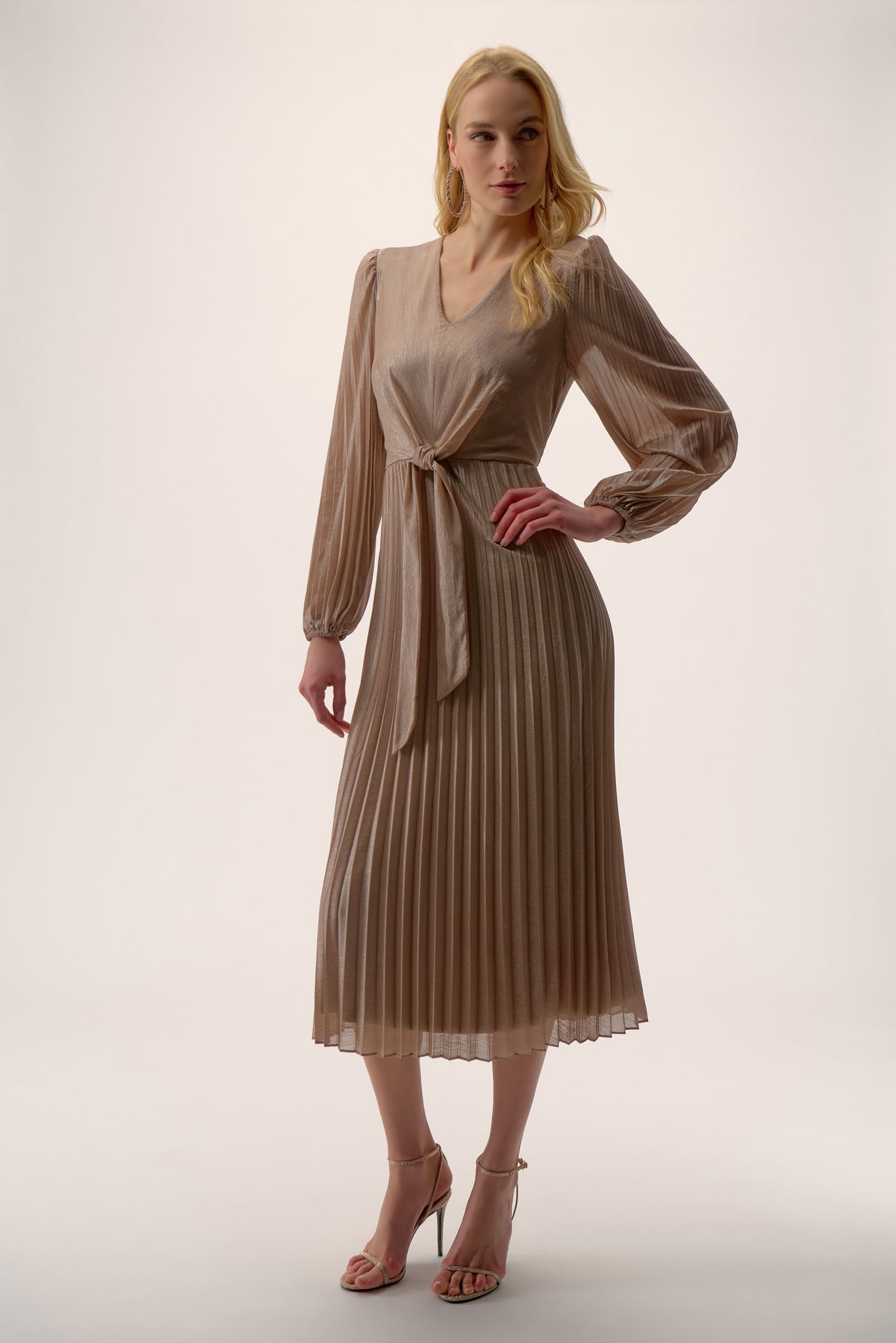 Signature by Joseph Ribkoff Foiled Dress in Silver Taupe 254728