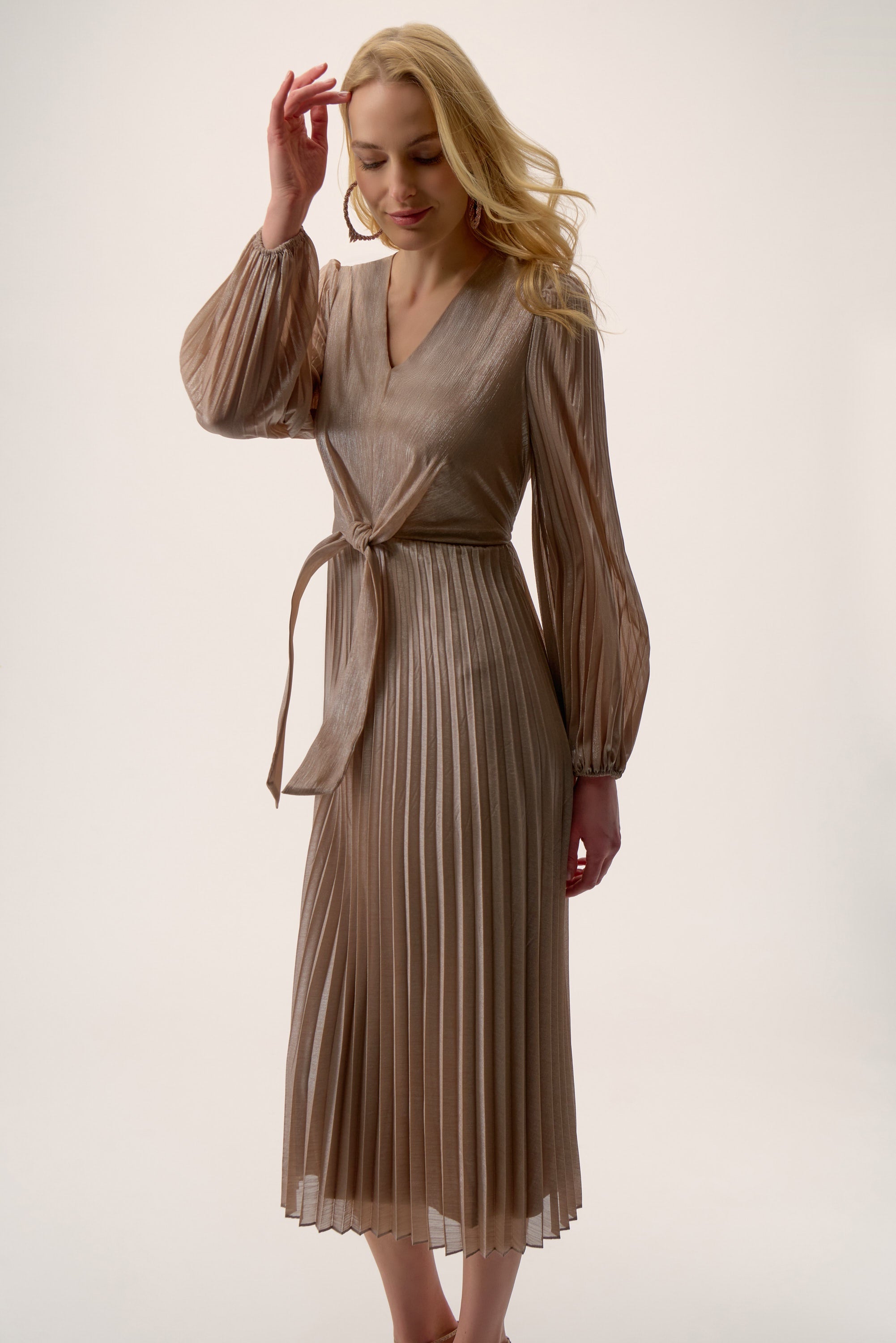 Signature by Joseph Ribkoff Foiled Dress in Silver Taupe 254728