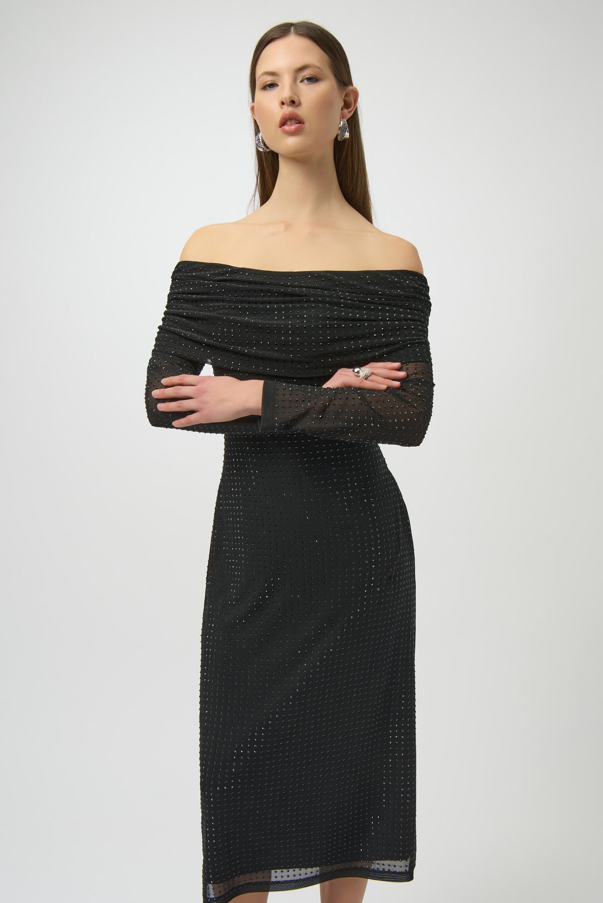 Joseph Ribkoff Rhinestone Mesh Dress in Black 254913
