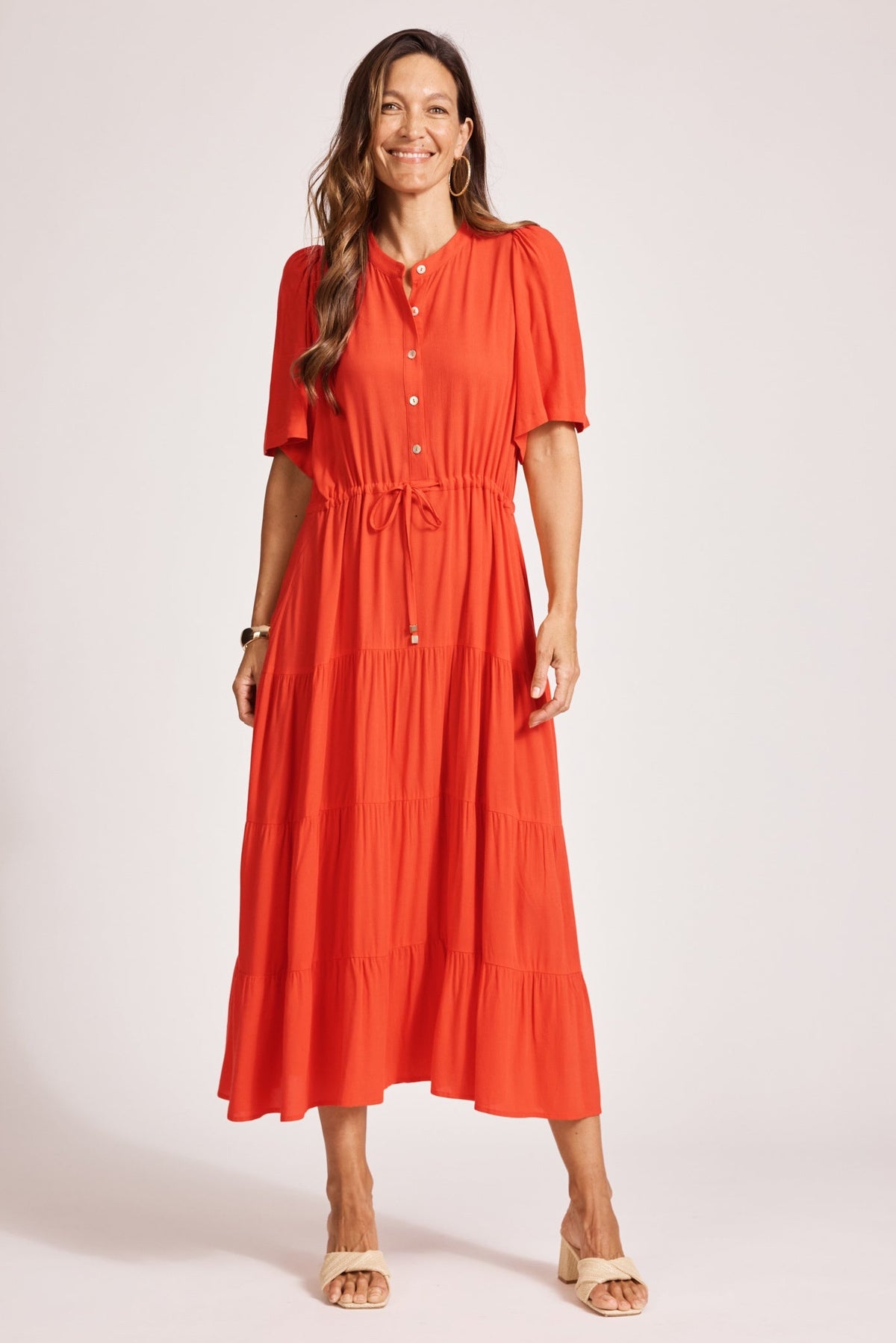 Eb & Ive Alegria Tiered Maxi Dress in Coral