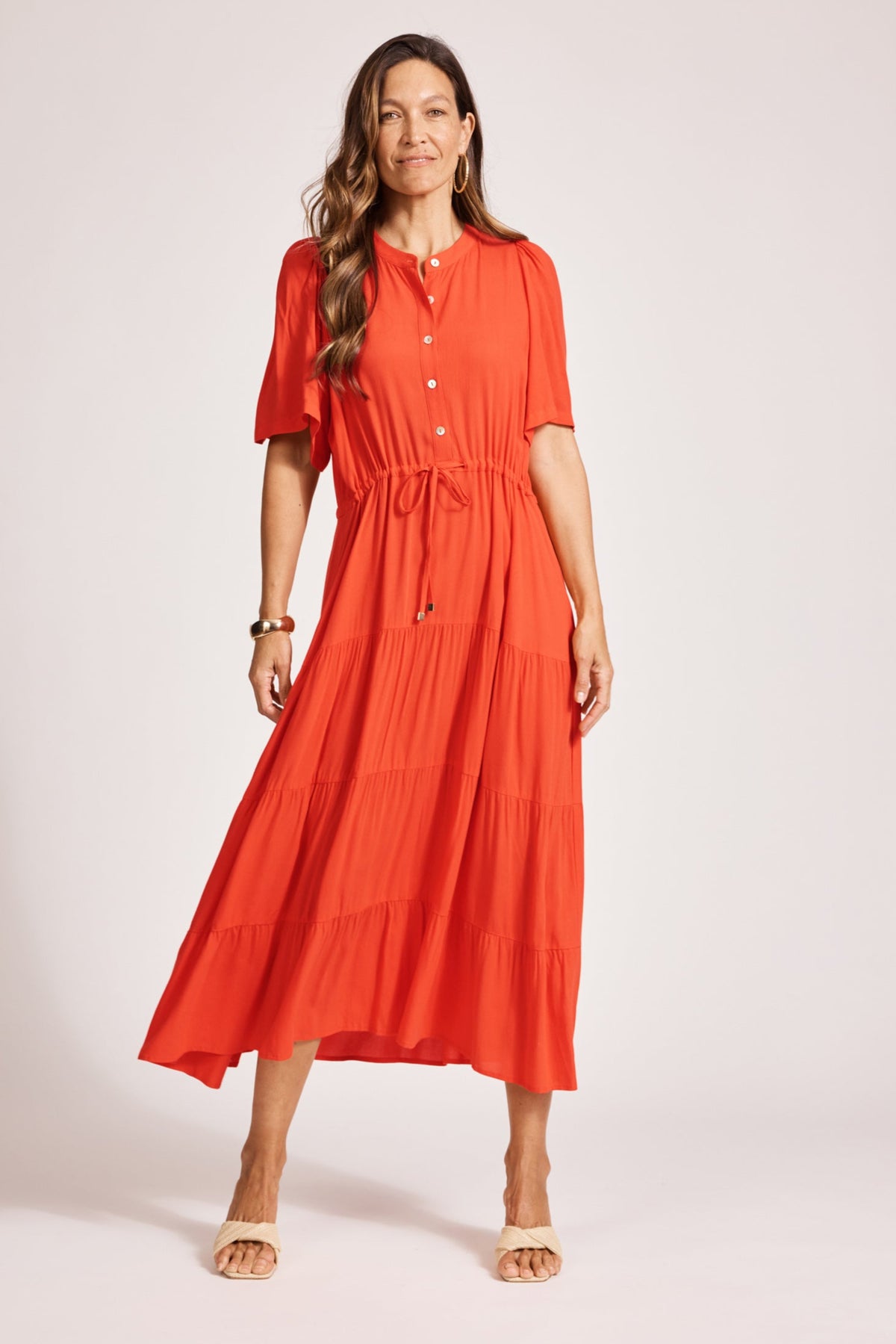 Eb & Ive Alegria Tiered Maxi Dress in Coral