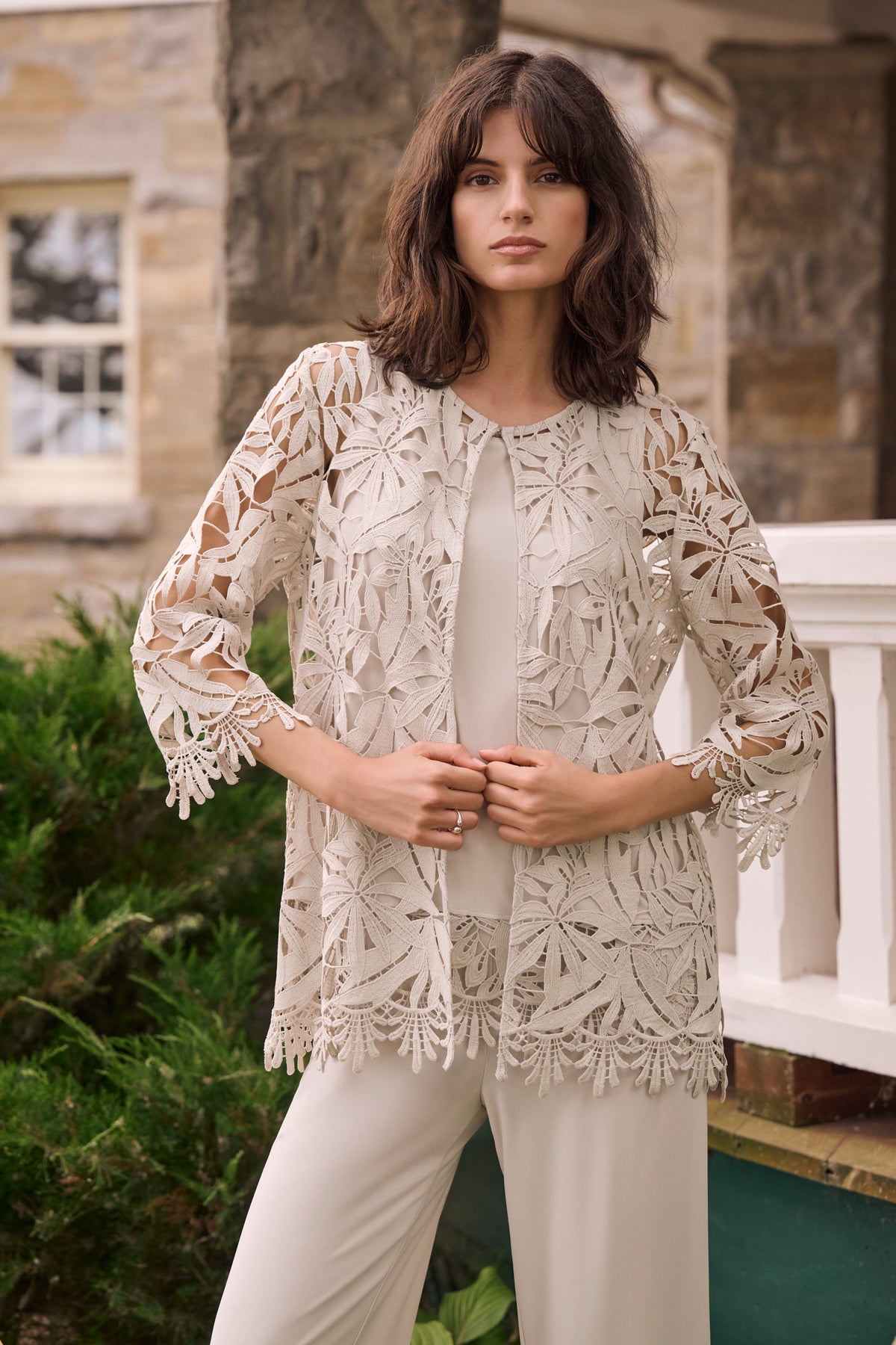 Joseph Ribkoff Guipure Lace Twinset in Moonstone 262096-262094