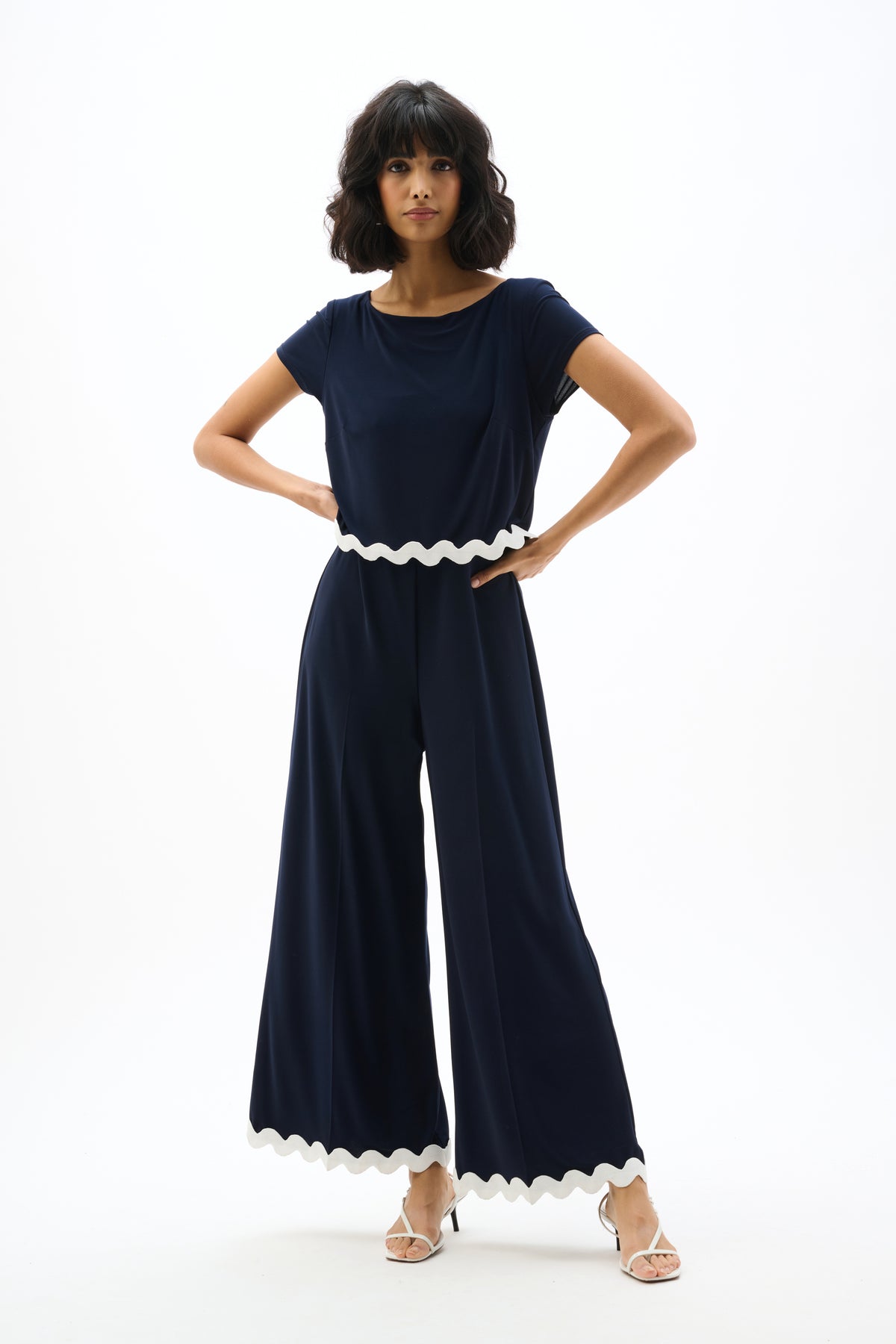 Joseph Ribkoff Rik Rak Trim Jumpsuit in Midnight White 262144