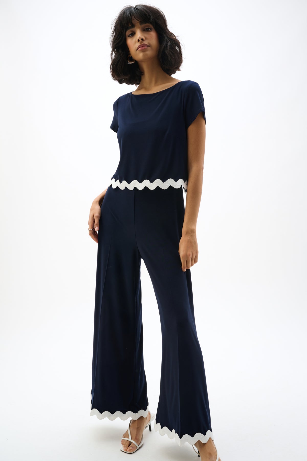 Joseph Ribkoff Rik Rak Trim Jumpsuit in Midnight White 262144