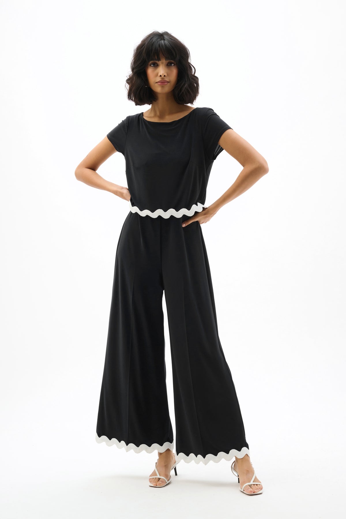 Joseph Ribkoff Rik Rak Trim Jumpsuit in Black White 262144