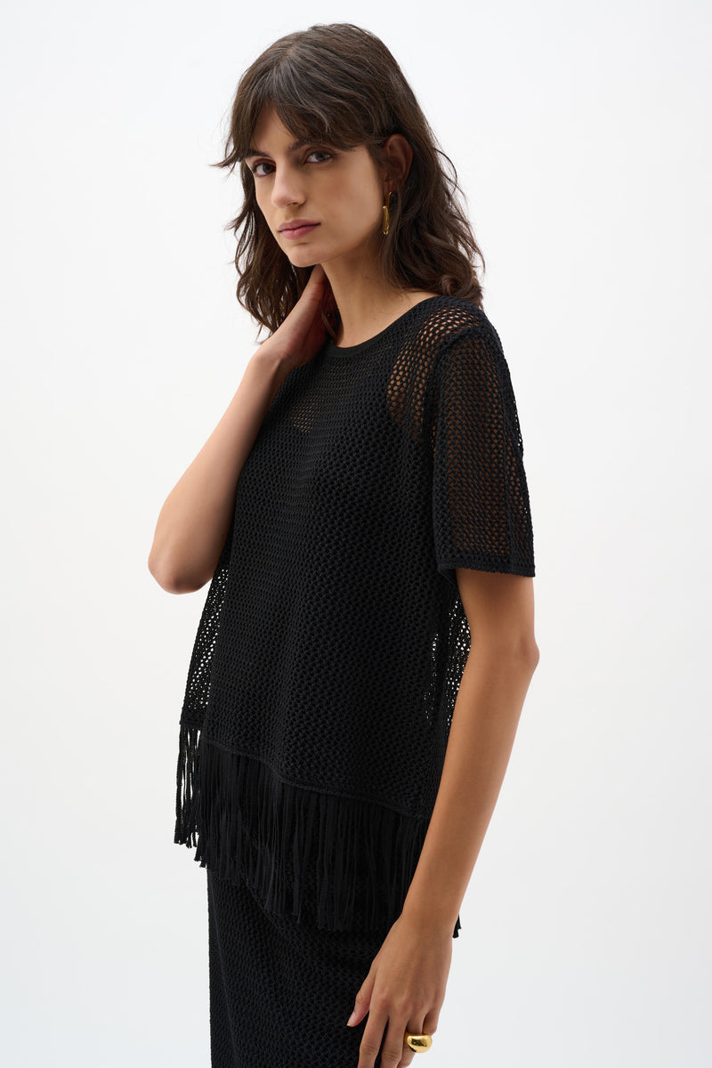 Joseph Ribkoff Fringe Trim Knit Top in Black 262928
