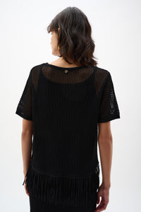 Joseph Ribkoff Fringe Trim Knit Top in Black 262928