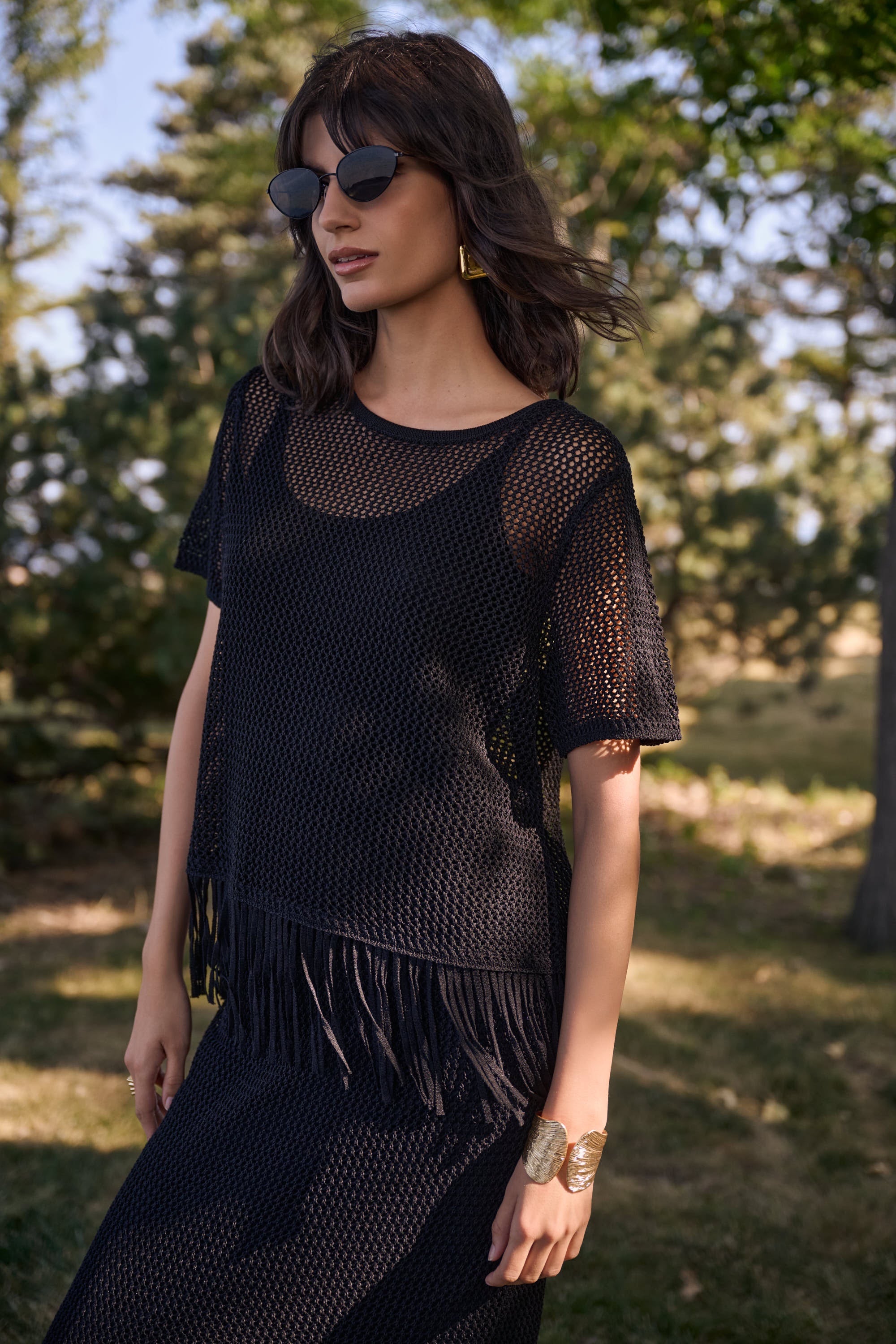 Joseph Ribkoff Fringe Trim Knit Top in Black 262928