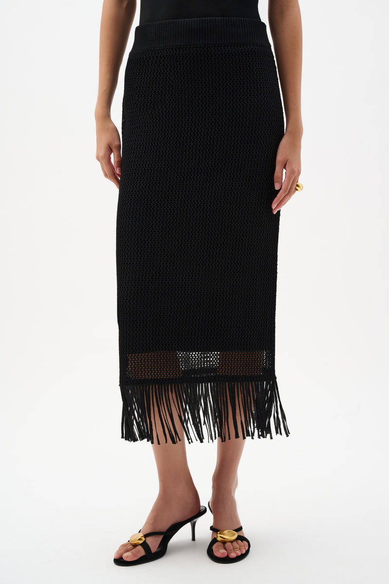 Joseph Ribkoff Fringe Trim Knit Skirt in Black 262929