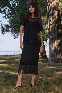 Joseph Ribkoff Fringe Trim Knit Skirt in Black 262929