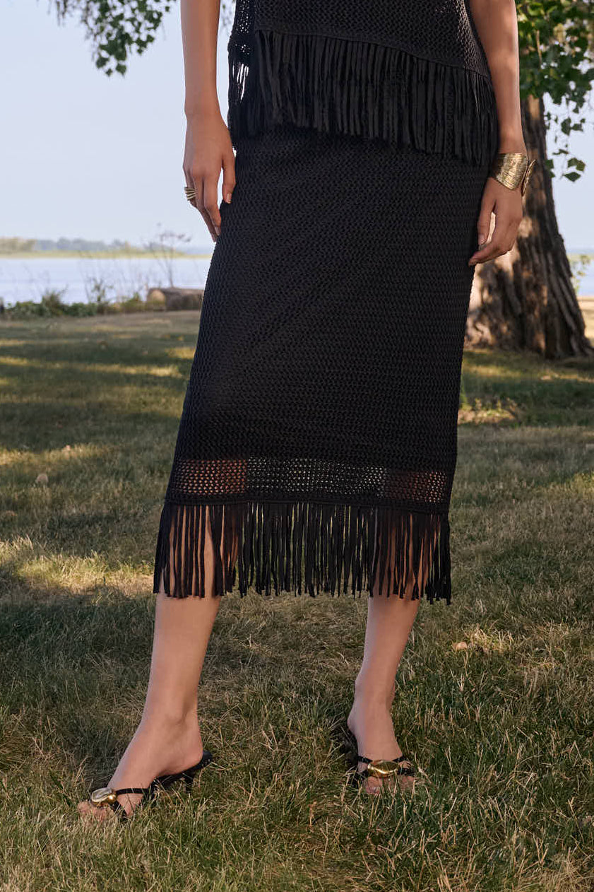 Joseph Ribkoff Fringe Trim Knit Top in Black 262928
