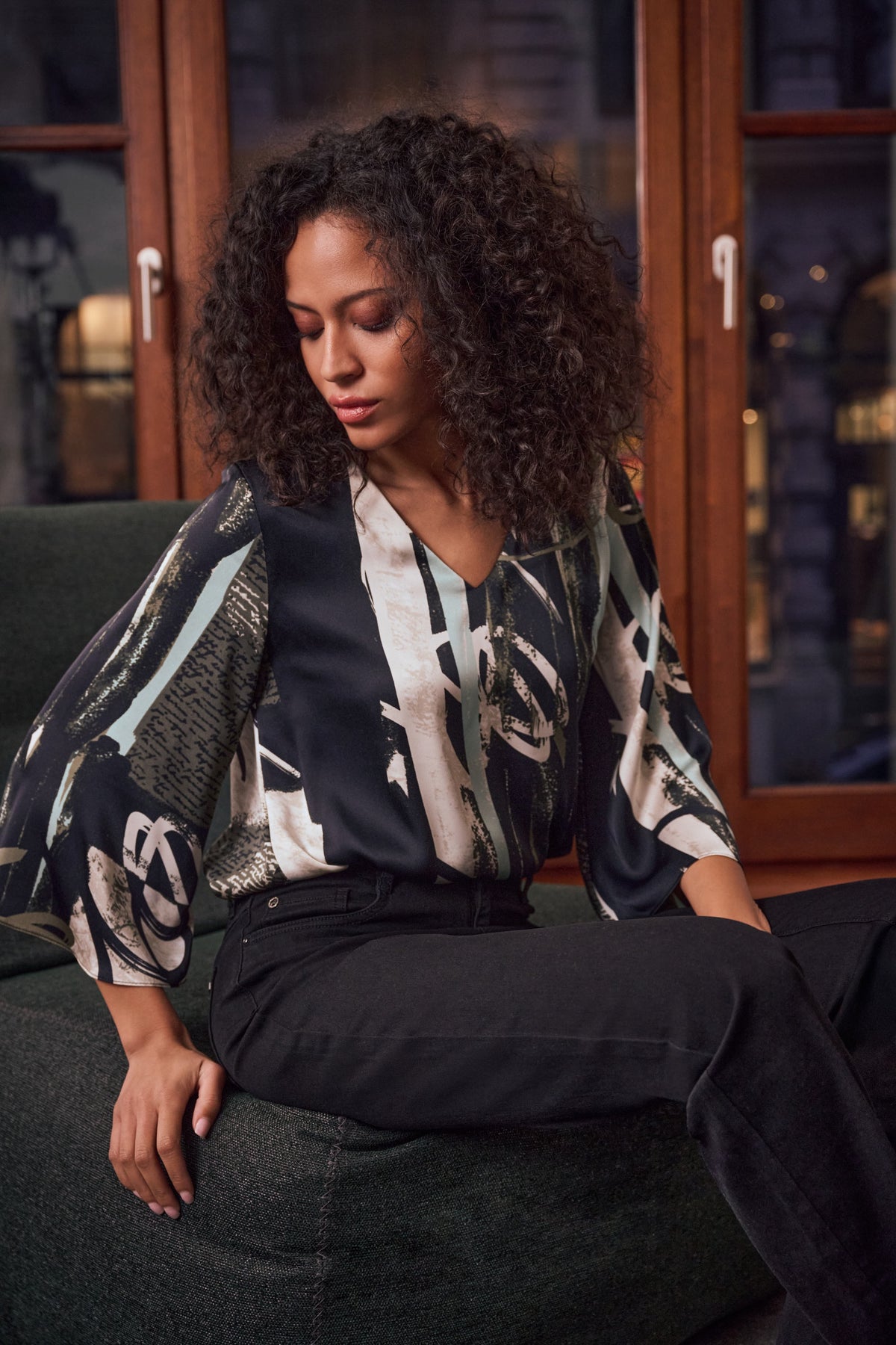 Joseph Ribkoff Satin Top in Black Mint Moonstone 263024