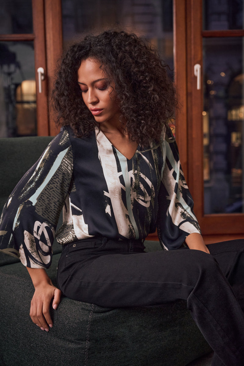 Joseph Ribkoff Satin Top in Black Mint Moonstone 263024