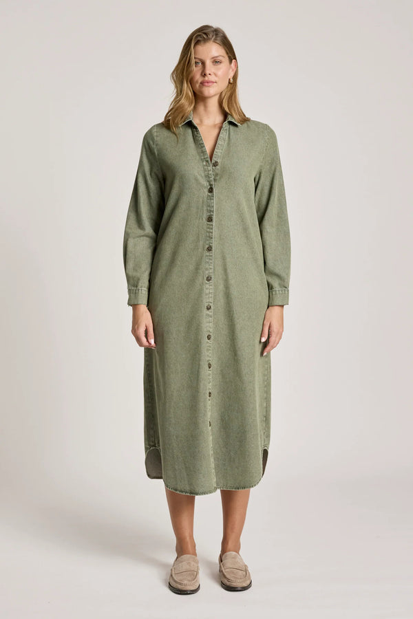 Eb & Ive Bodhi Denim Shirt Dress in Olive