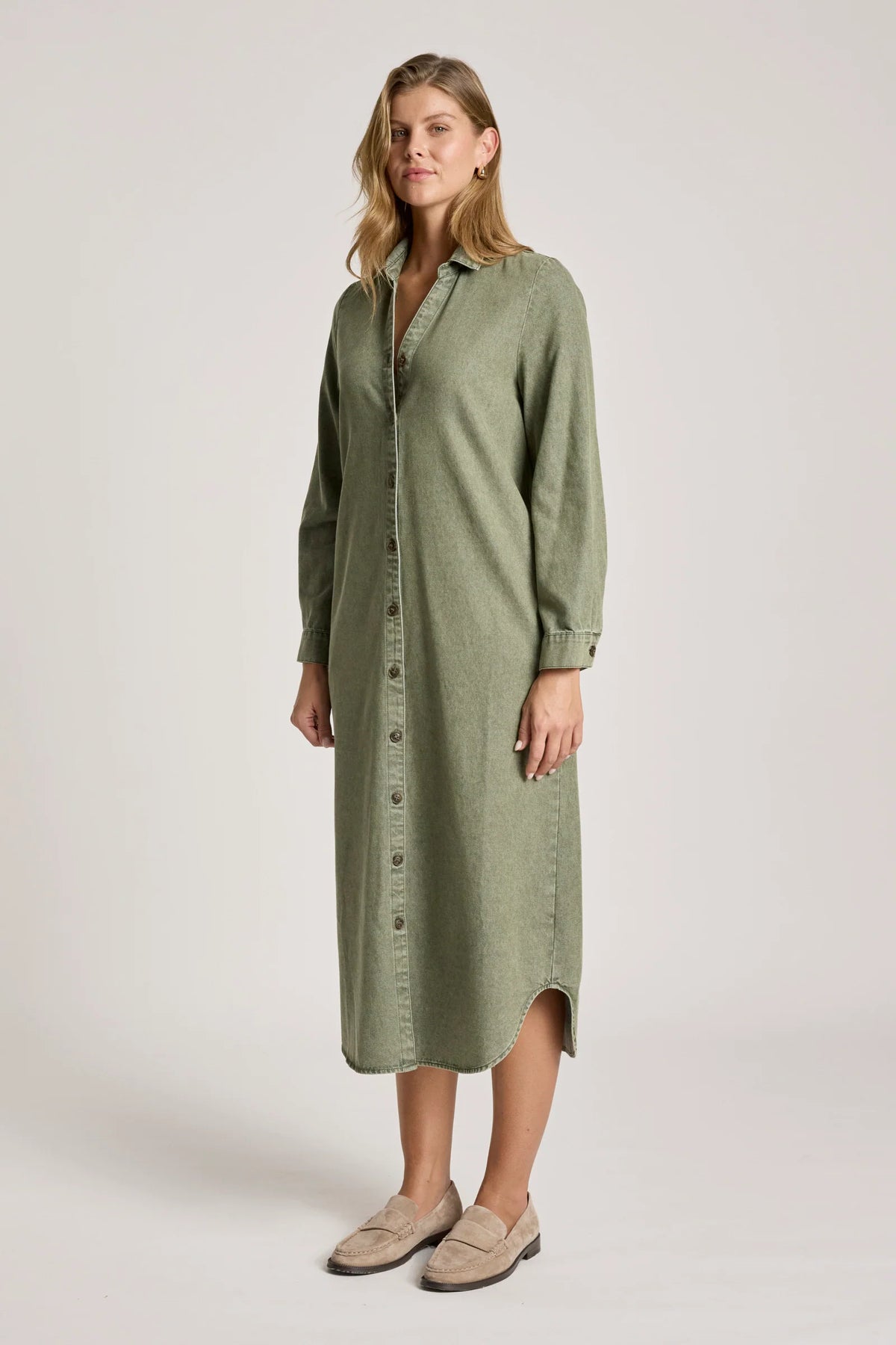 Eb & Ive Bodhi Denim Shirt Dress in Olive